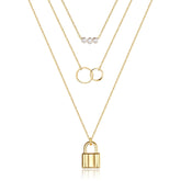 3PCS - Pearls&Two Circle&Lock Layered Necklaces for Women